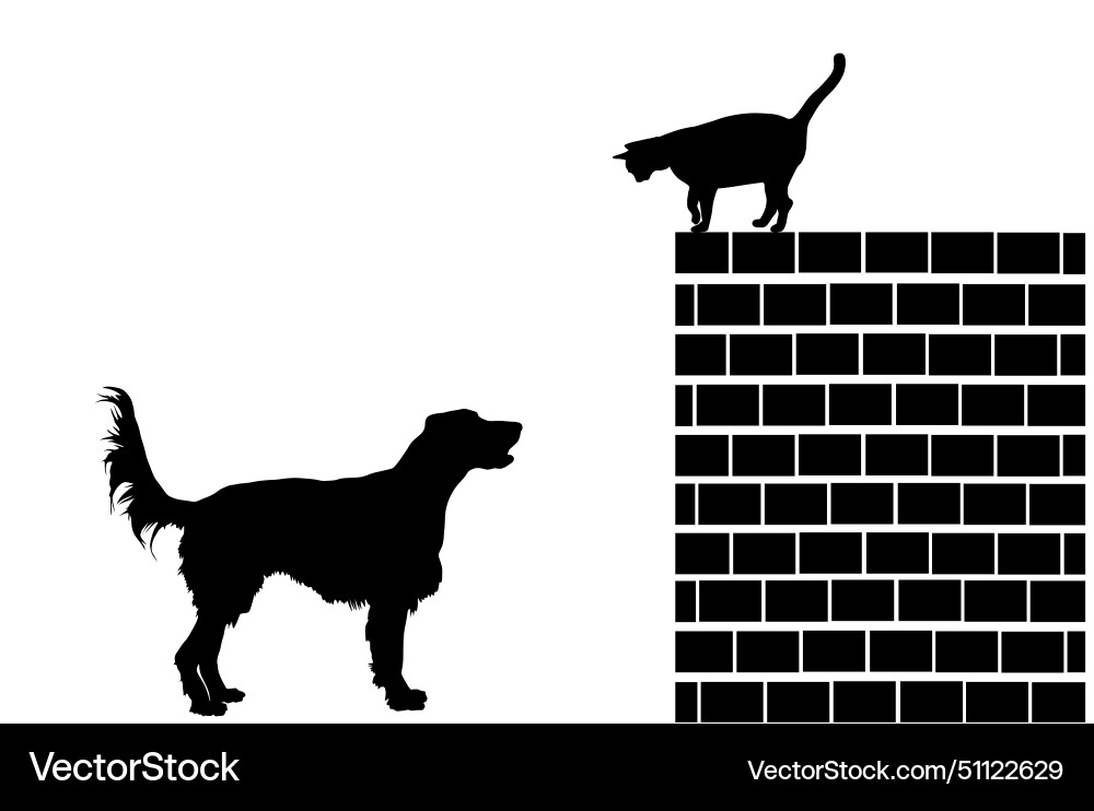 Dog stalks the cat on brick wall silhouette Vector Image