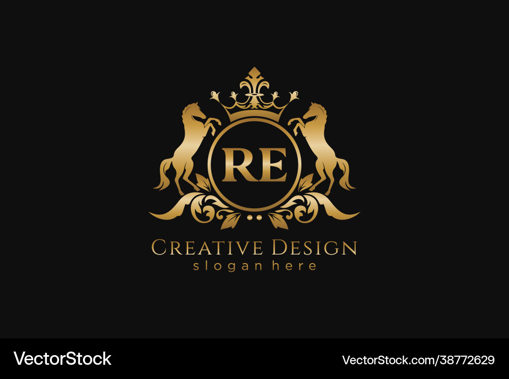 Initial re retro golden crest with circle and two Initial re retro golden crest with circle and two vector image