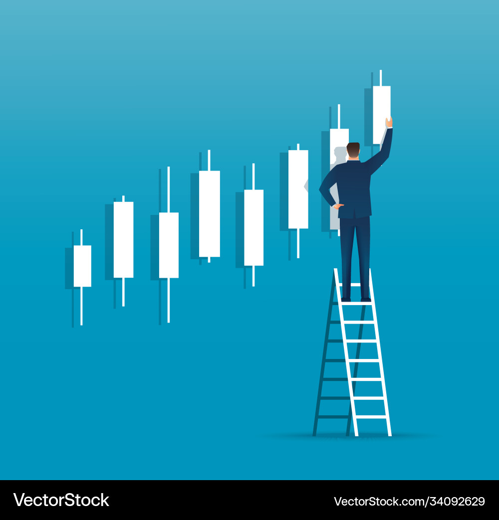 Man on ladder with candlestick chart background c vector image
