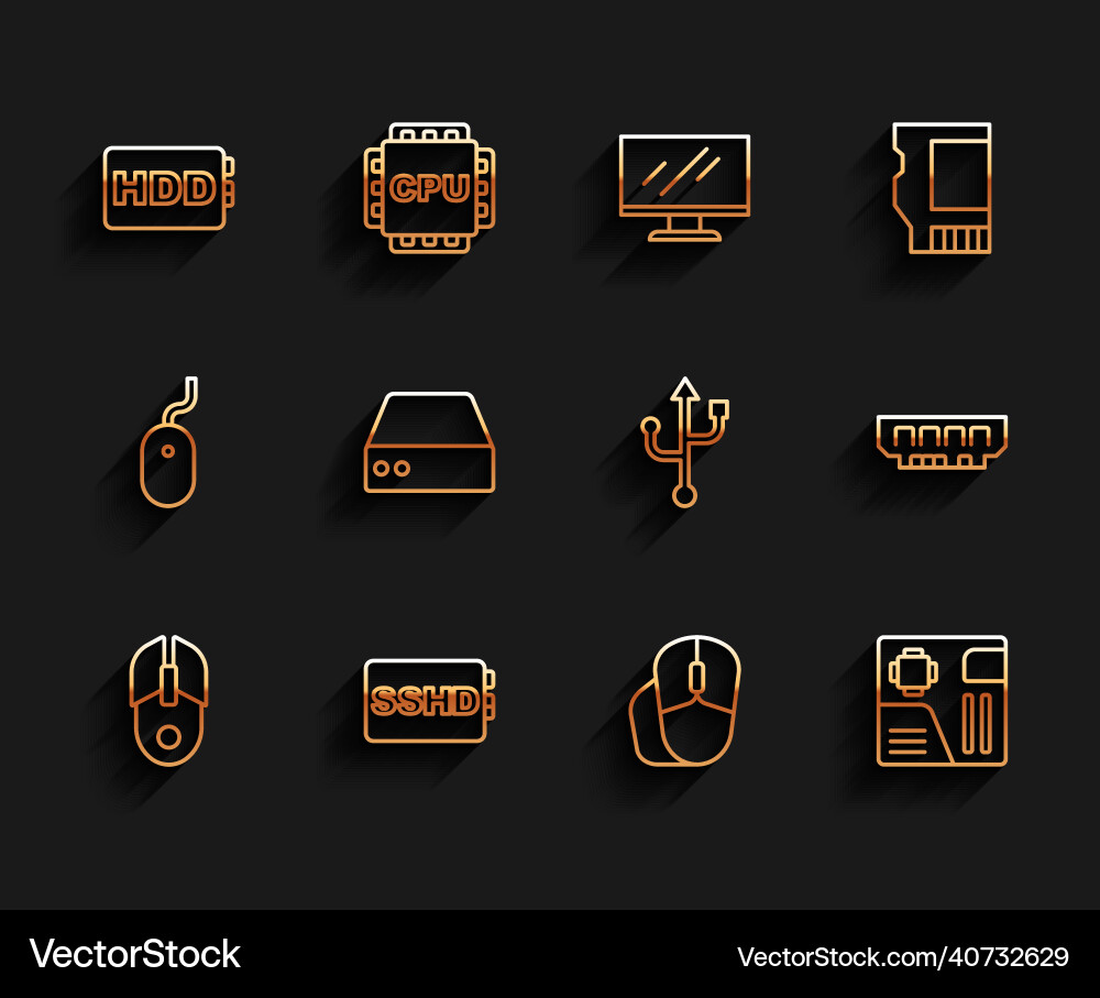 Set line computer mouse sshd card hard disk Set line computer mouse sshd card hard disk vector image