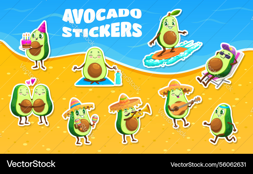 Cartoon avocado characters stickers pack Cartoon avocado characters stickers pack vector image