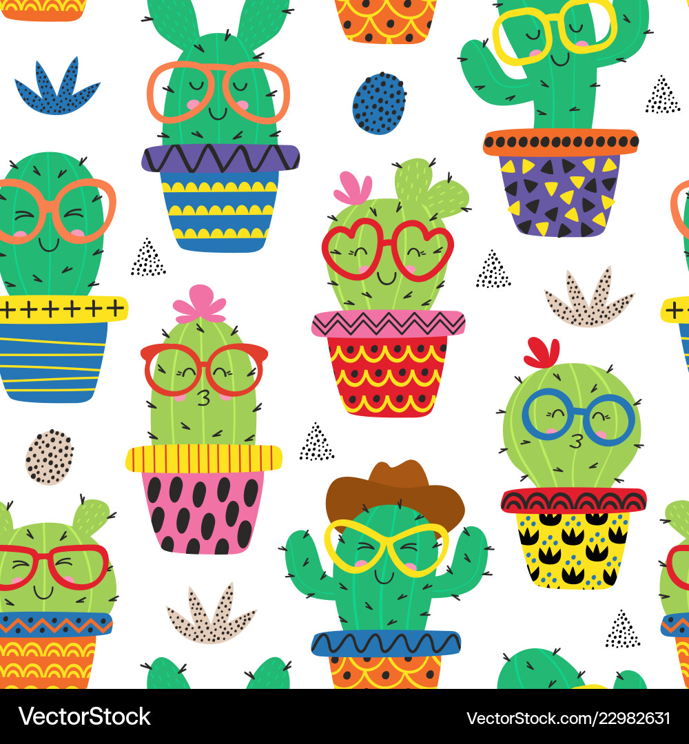 Funny Cactus Pattern - Glasses Vector Image