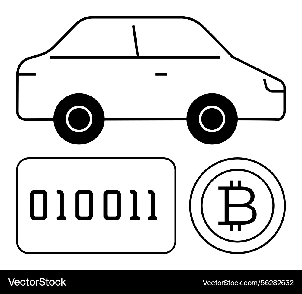 Car with binary code and bitcoin symbol Car with binary code and bitcoin symbol Vector Image