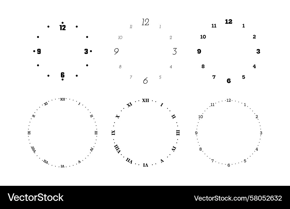 Clock dials set with bar markers and numbers Clock dials set with bar markers and numbers Vector Image