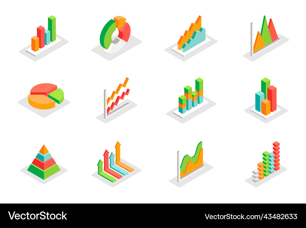 Graph and charts concept 3d isometric icons set Graph and charts concept 3d isometric icons set Vector Image
