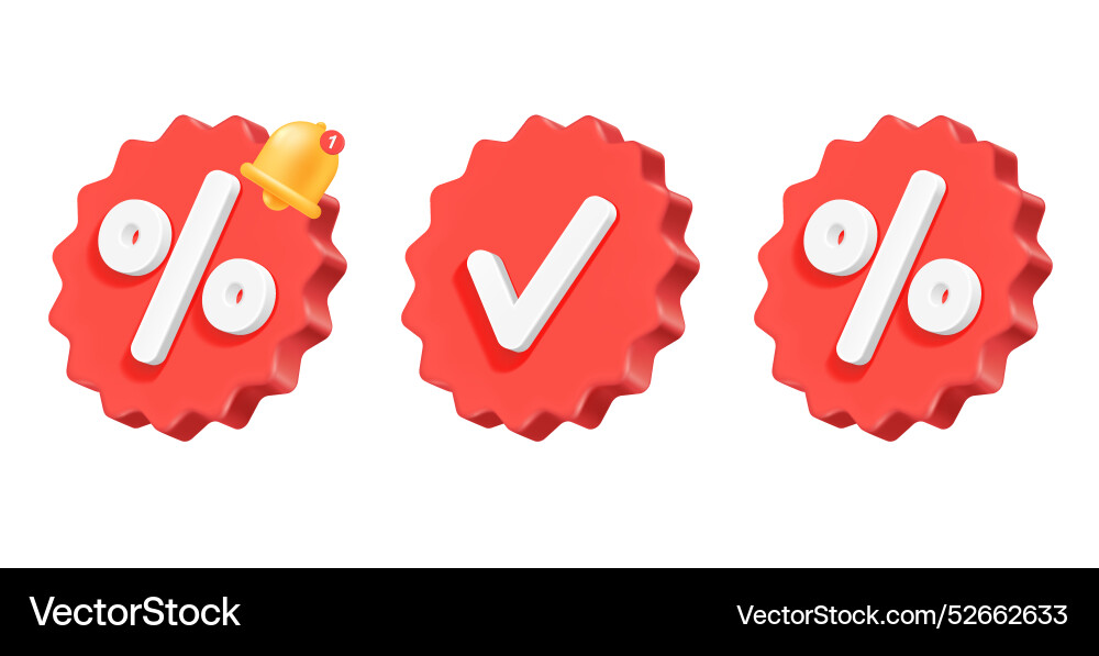 Set of round 3d tags with percentages and check Set of round 3d tags with percentages and check vector image