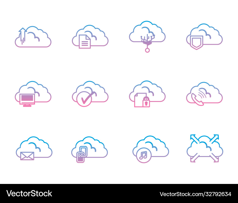 Cloud computing gradient style icon set vector image