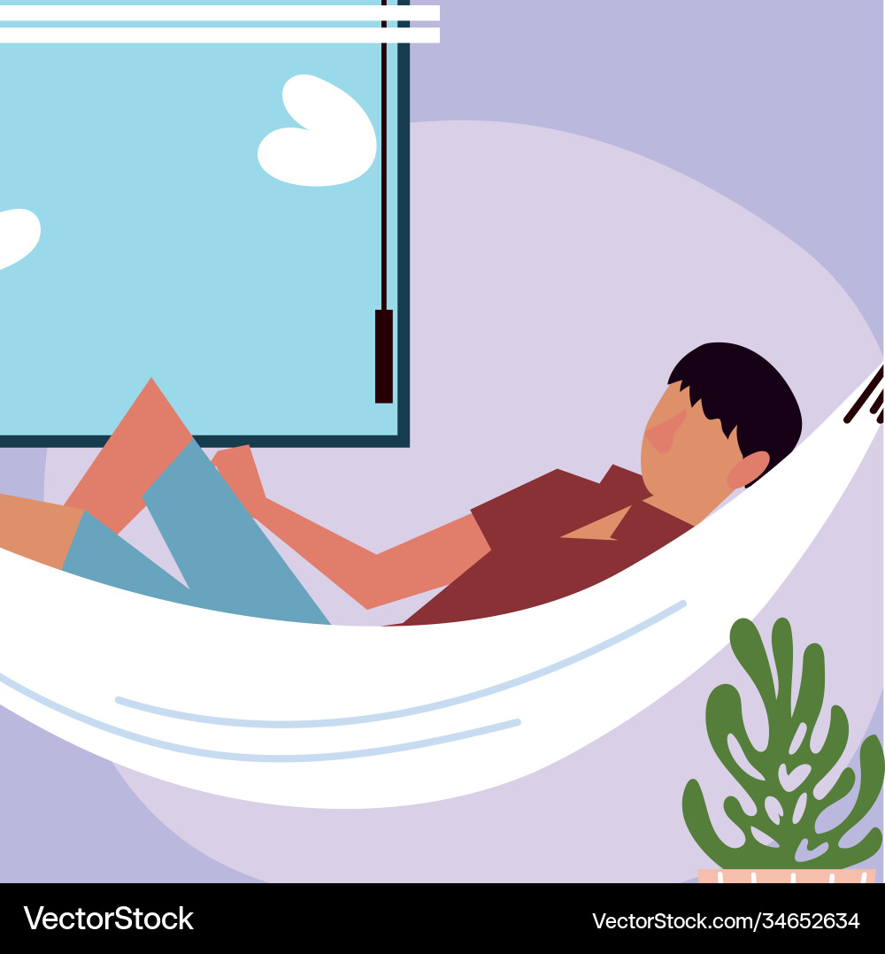 Guy resting on hammock next at window in room Vector Image