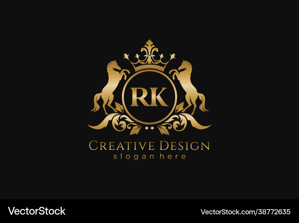 Initial rk retro golden crest with circle and two Initial rk retro golden crest with circle and two vector image
