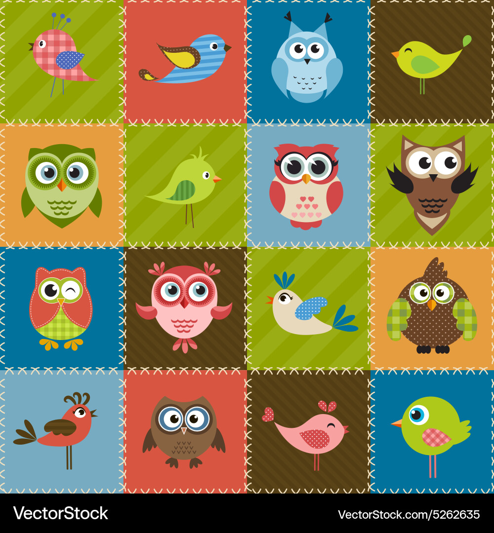 Patchwork background with birds and owls Vector Image