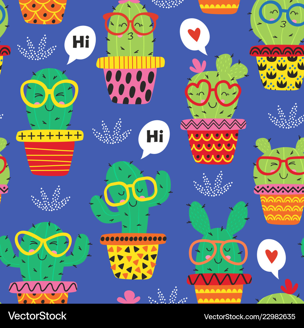 Seamless pattern with cheerful cactus in glasses Seamless pattern with cheerful cactus in glasses vector image