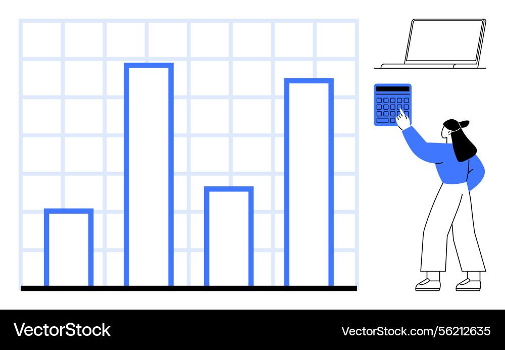 Woman analyzing bar chart data using calculator Woman analyzing bar chart data using calculator vector image