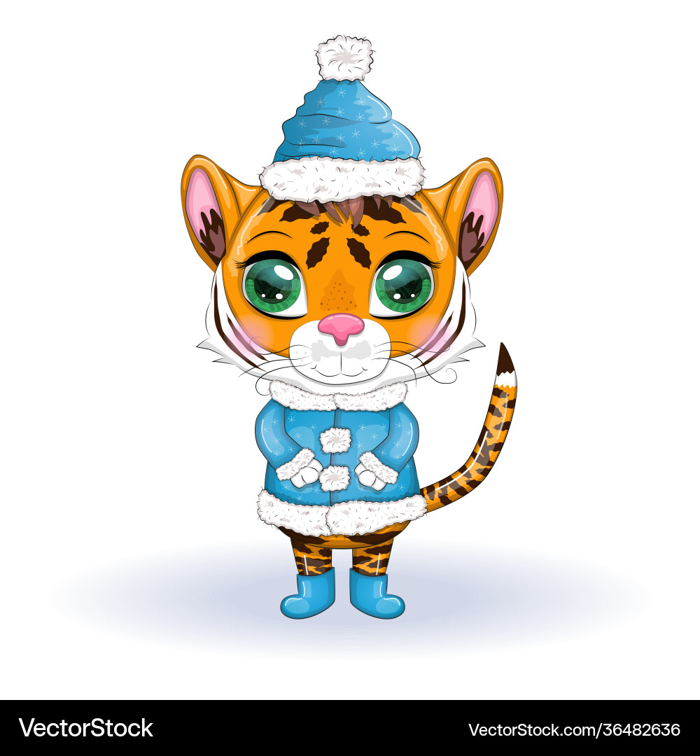 Cute cartoon tiger with beautiful eyes in a hat Cute cartoon tiger with beautiful eyes in a hat vector image
