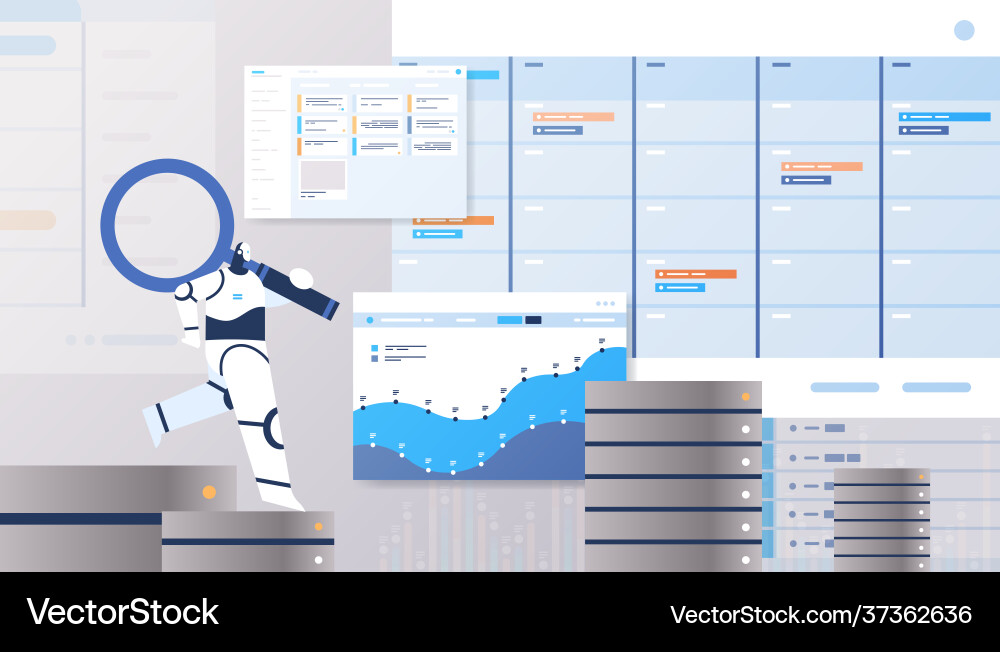 Robot with magnifying glass analyzing statistics Robot with magnifying glass analyzing statistics vector image