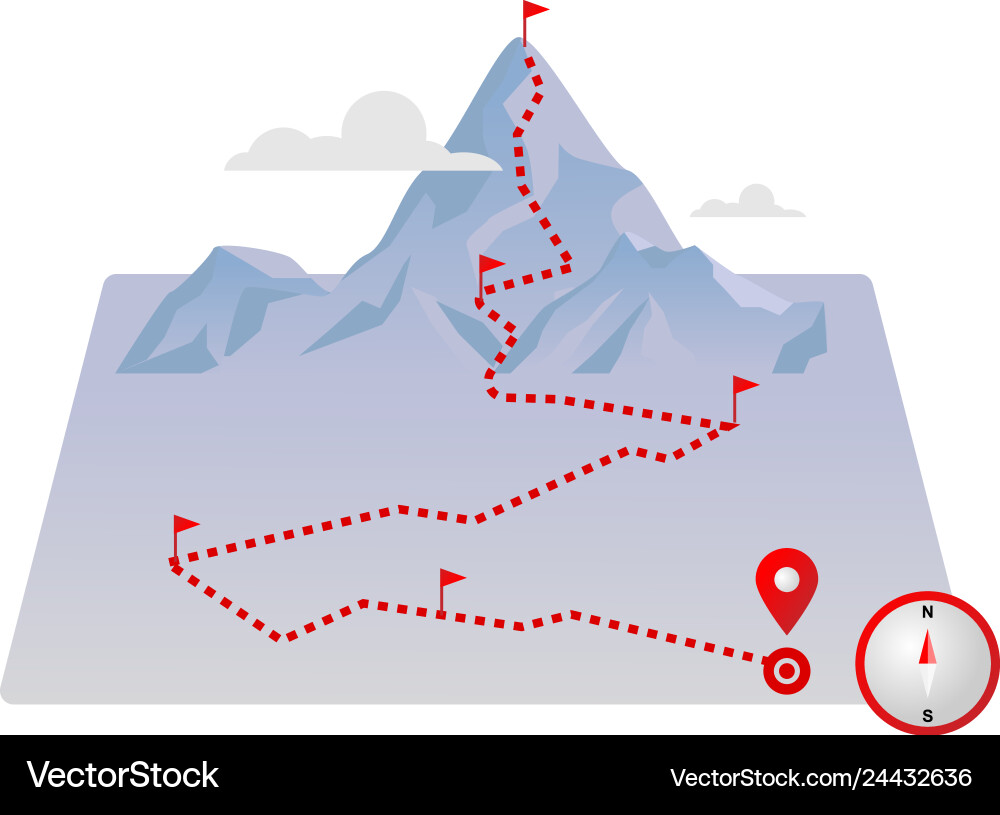 Route mountains map with red flags and paved Route mountains map with red flags and paved vector image