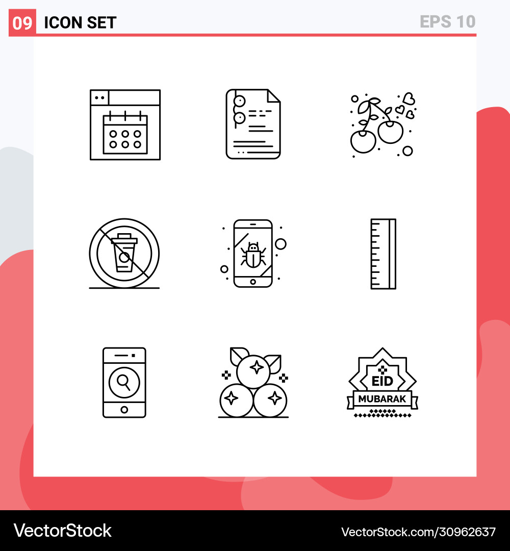 Editable line pack 9 simple outlines bug vector image