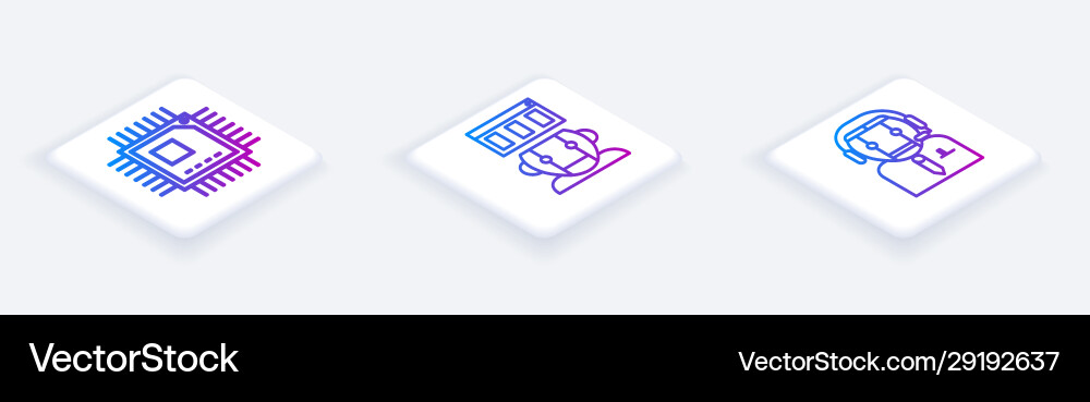 Set isometric line processor with microcircuits vector image