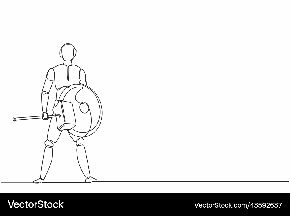 Single one line drawing robot standing holding Vector Image