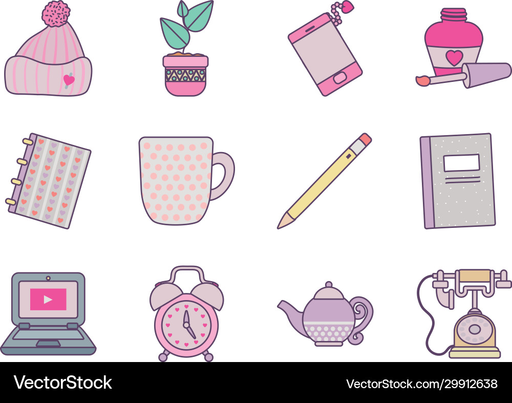 Isolated cute objects line and fill style icon set vector image