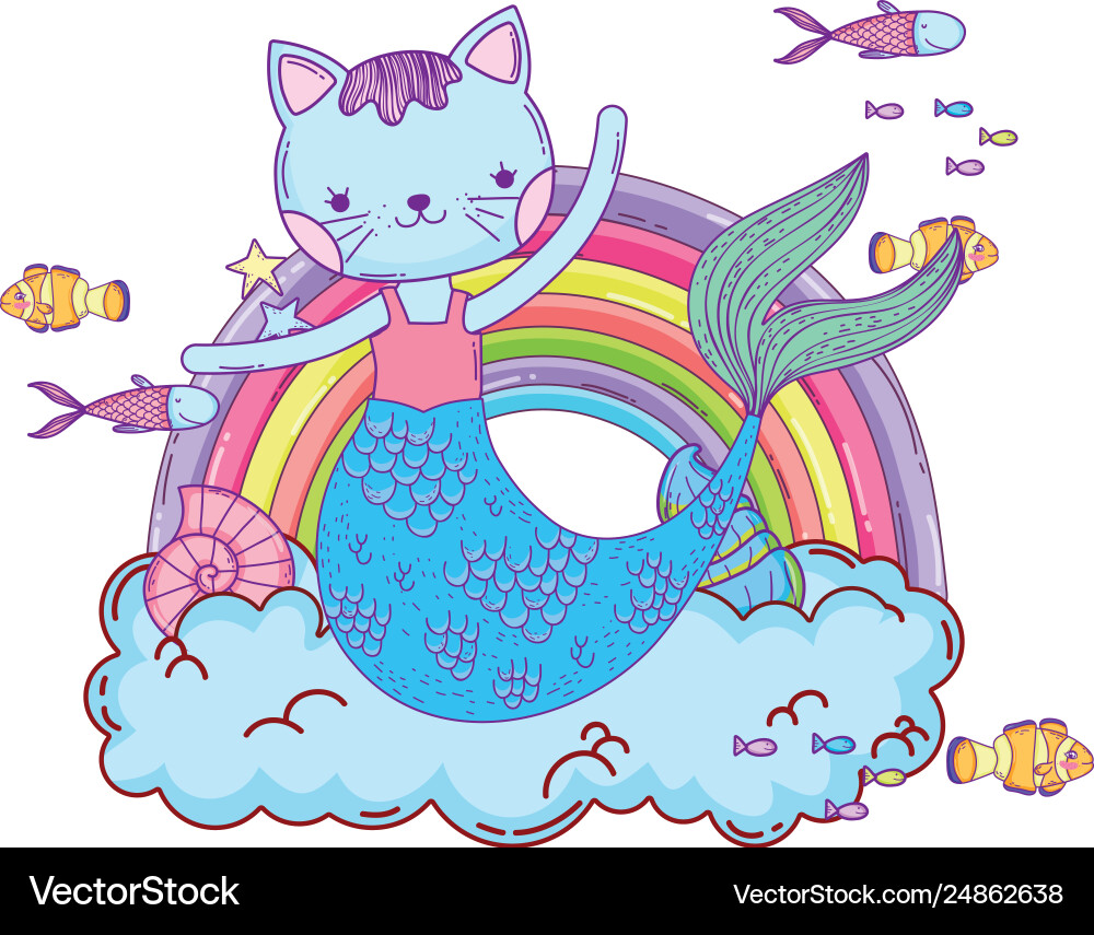Purrmaid mit Wolken und Regenbogen Unterwasser Purrmaid mit Wolken und Regenbogen Unterwasser vektorbild