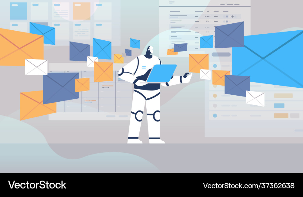 Robot using laptop sending and receiving envelopes Robot using laptop sending and receiving envelopes vector image
