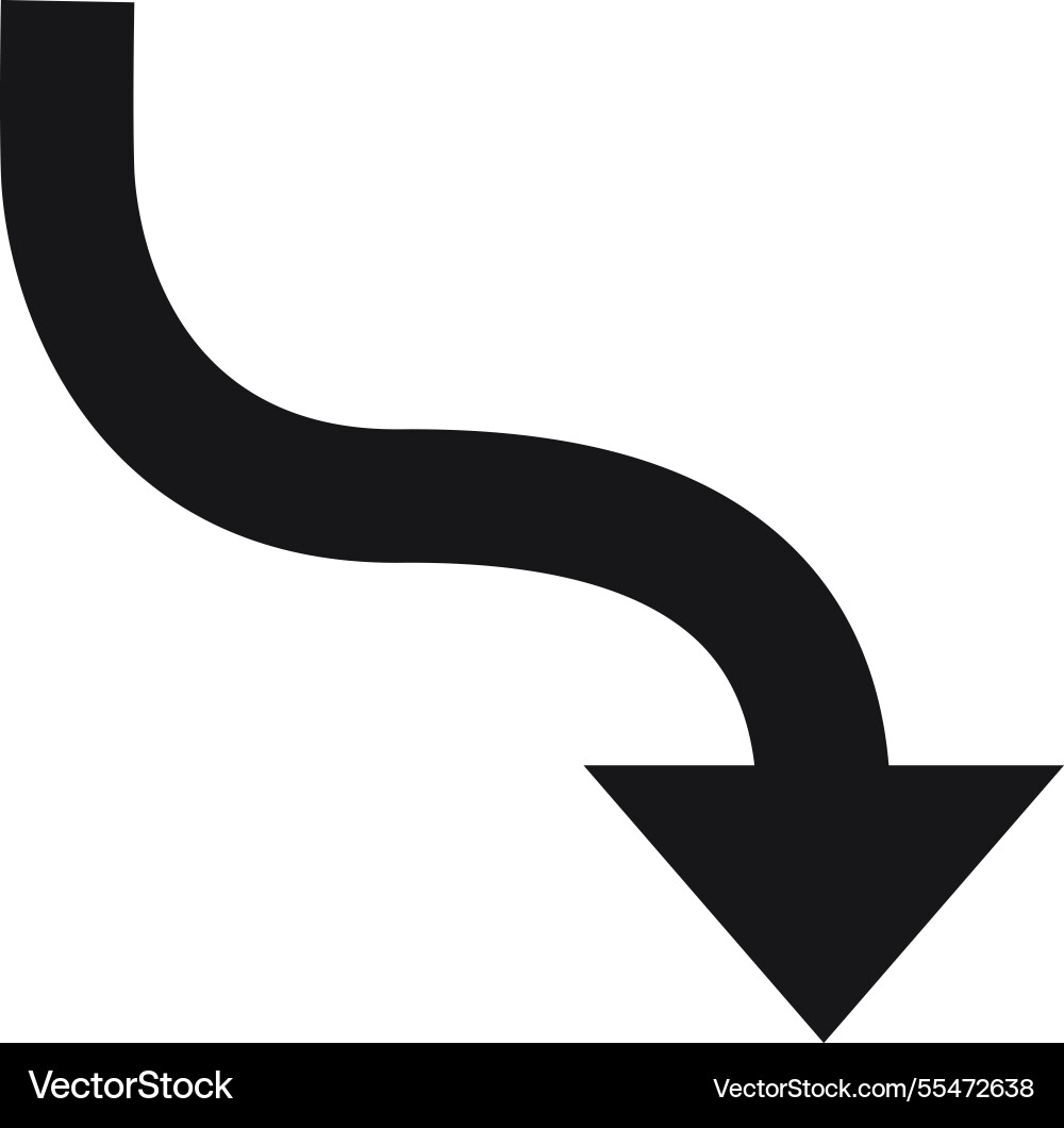 Simple black arrow pointing down and curving right Simple black arrow pointing down and curving right vector image