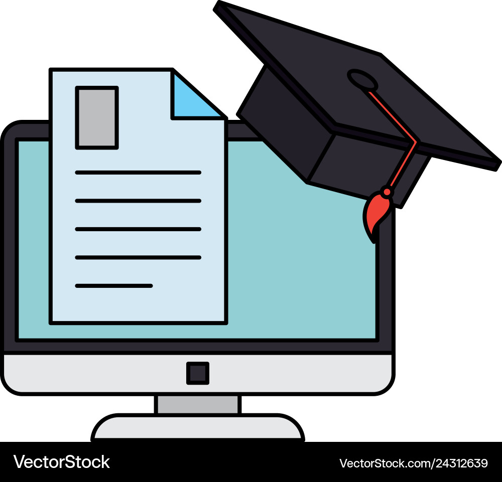 Document with computer and hat graduation Document with computer and hat graduation vector image