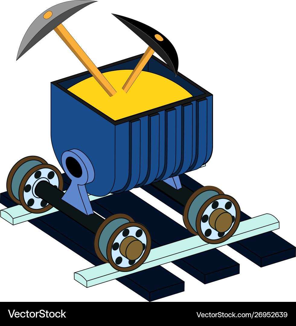 Minecart trolley on rails and ties with pickaxes Minecart trolley on rails and ties with pickaxes Vector Image