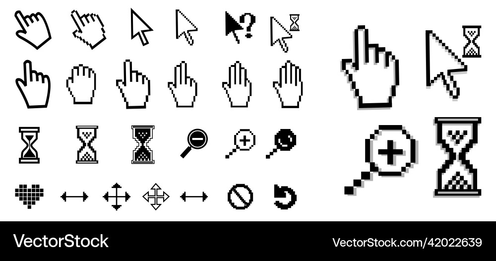 Pixel mouse cursor icons handpointer hand Pixel mouse cursor icons handpointer hand vector image