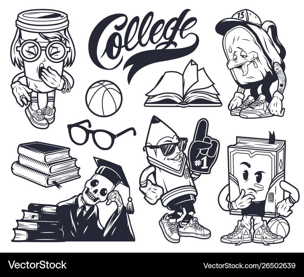 Vintage college elements funny monochrome set vector image