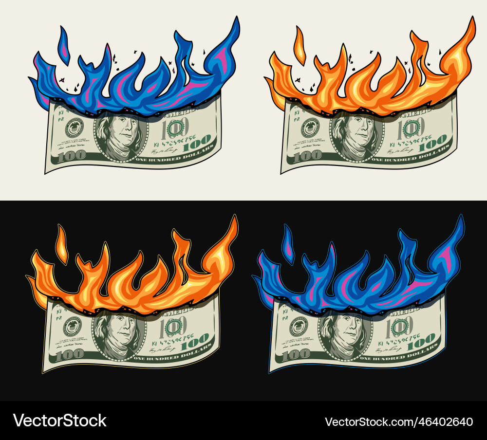 Burning 100 dollar bill concept of inflation Burning 100 dollar bill concept of inflation vector image