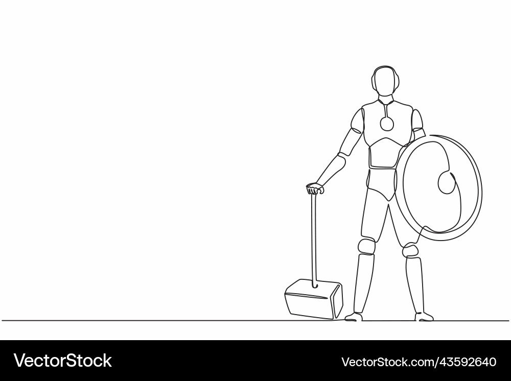 Continuous one line drawing robots stands holding Continuous one line drawing robots stands holding vector image