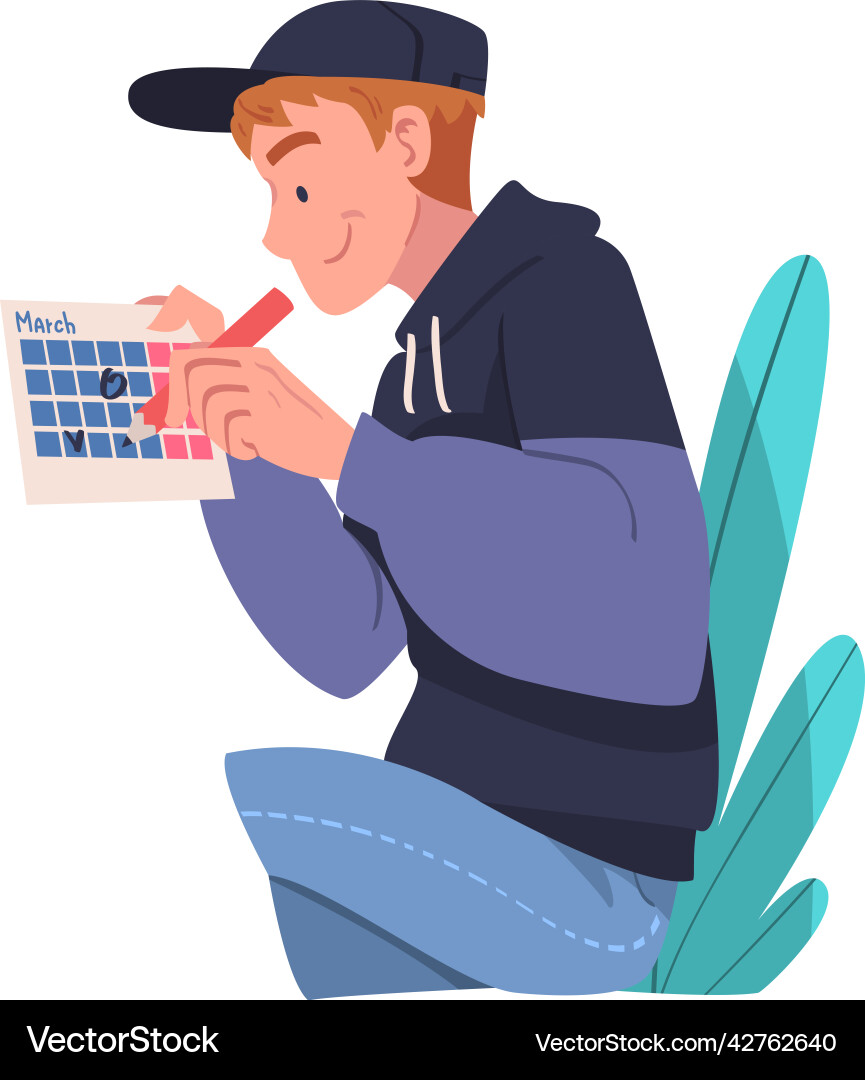 Man character planning time and event marking date Man character planning time and event marking date vector image