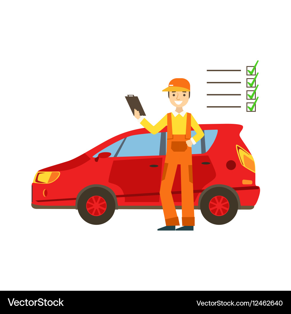 Smiling mechanic analysing with checklist vector image