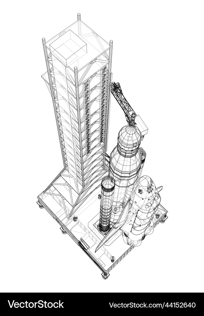 Space rocket on launch pad rendering of 3d vector image