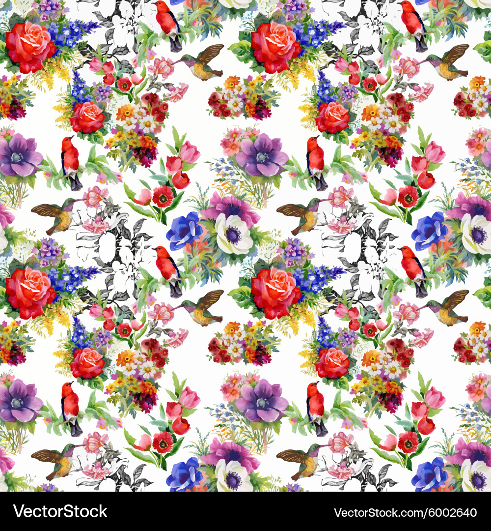 Watercolor Floral Birds Pattern Vector Image