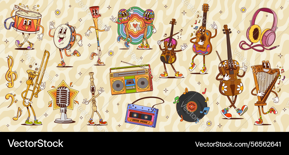 Groovy Musical Characters & Instruments Vector Image
