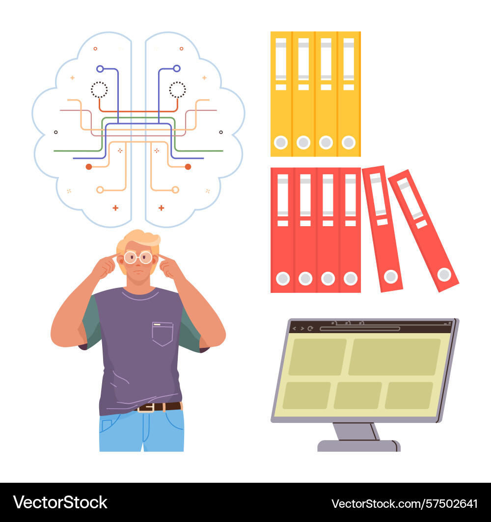 Man contemplating data flow with brain diagram Man contemplating data flow with brain diagram vector image