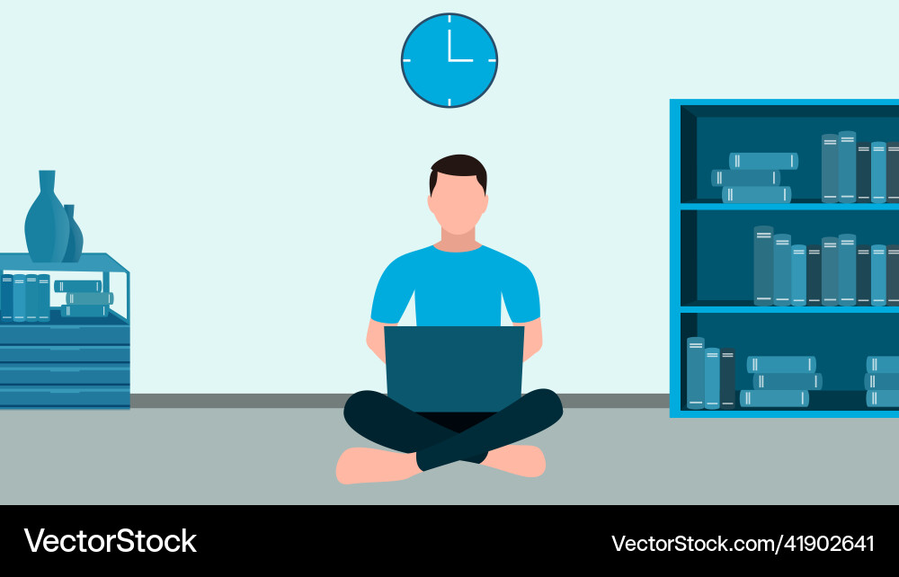 Man working with laptop on her lap work from home Man working with laptop on her lap work from home Vector Image