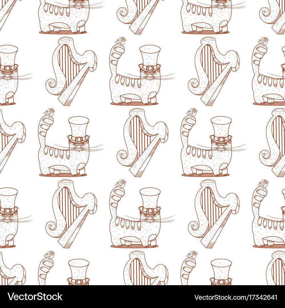 Seamless pattern with a harp and cat in high vector image