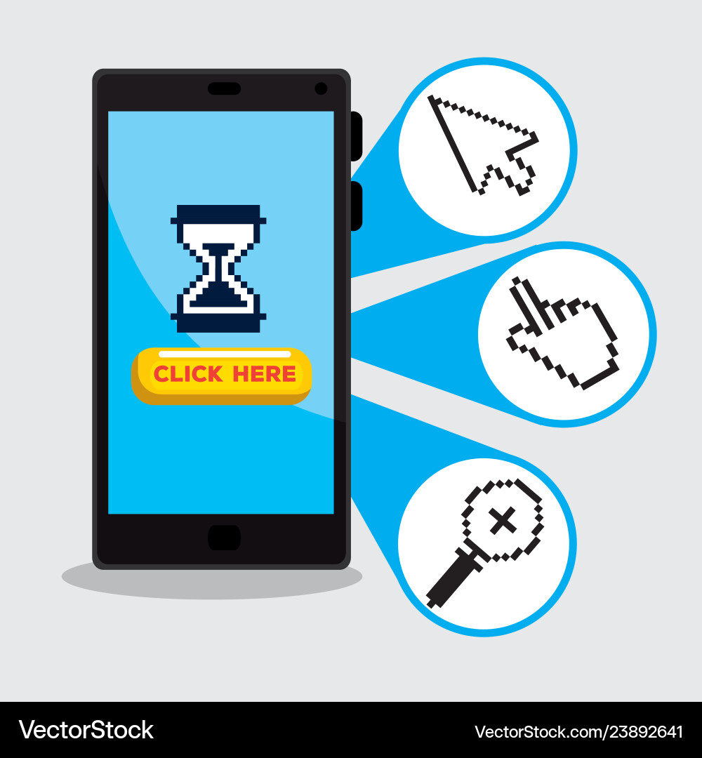 Smartphone with arrow and hand pixel cursor Smartphone with arrow and hand pixel cursor vector image