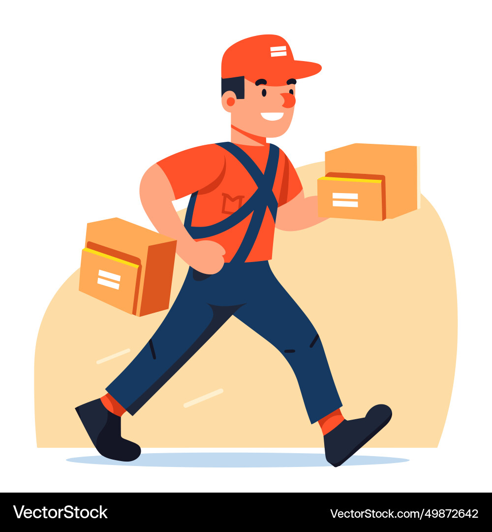 A smiling delivery man carrying parcels is walking A smiling delivery man carrying parcels is walking vector image