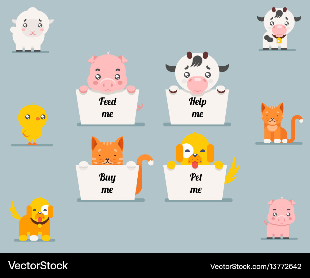 Cute little beggar animals help cat dog pig cow Cute little beggar animals help cat dog pig cow vector image