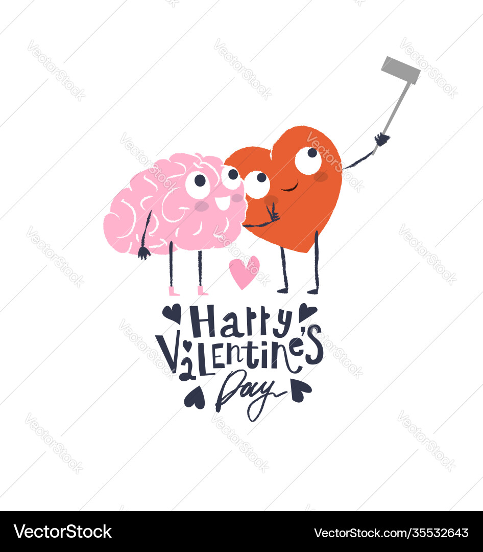 Cartoon heart and brain take selfie happy Cartoon heart and brain take selfie happy vector image