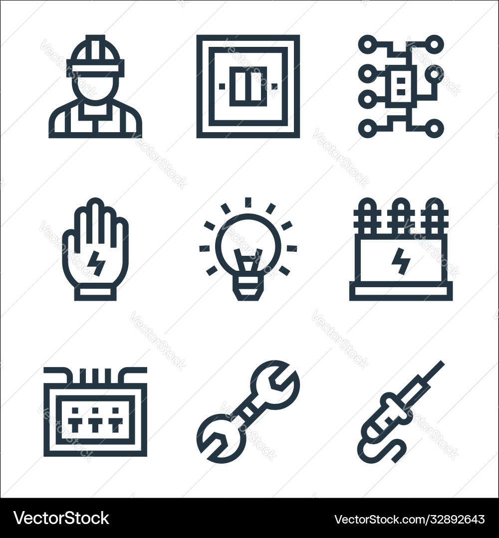 Electrician tools and line icons linear set Electrician tools and line icons linear set vector image