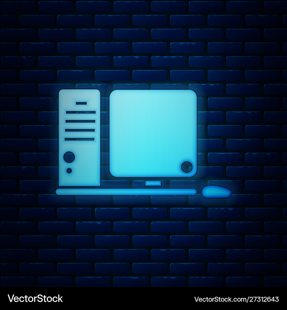 Glowing neon computer monitor with keyboard Glowing neon computer monitor with keyboard vector image