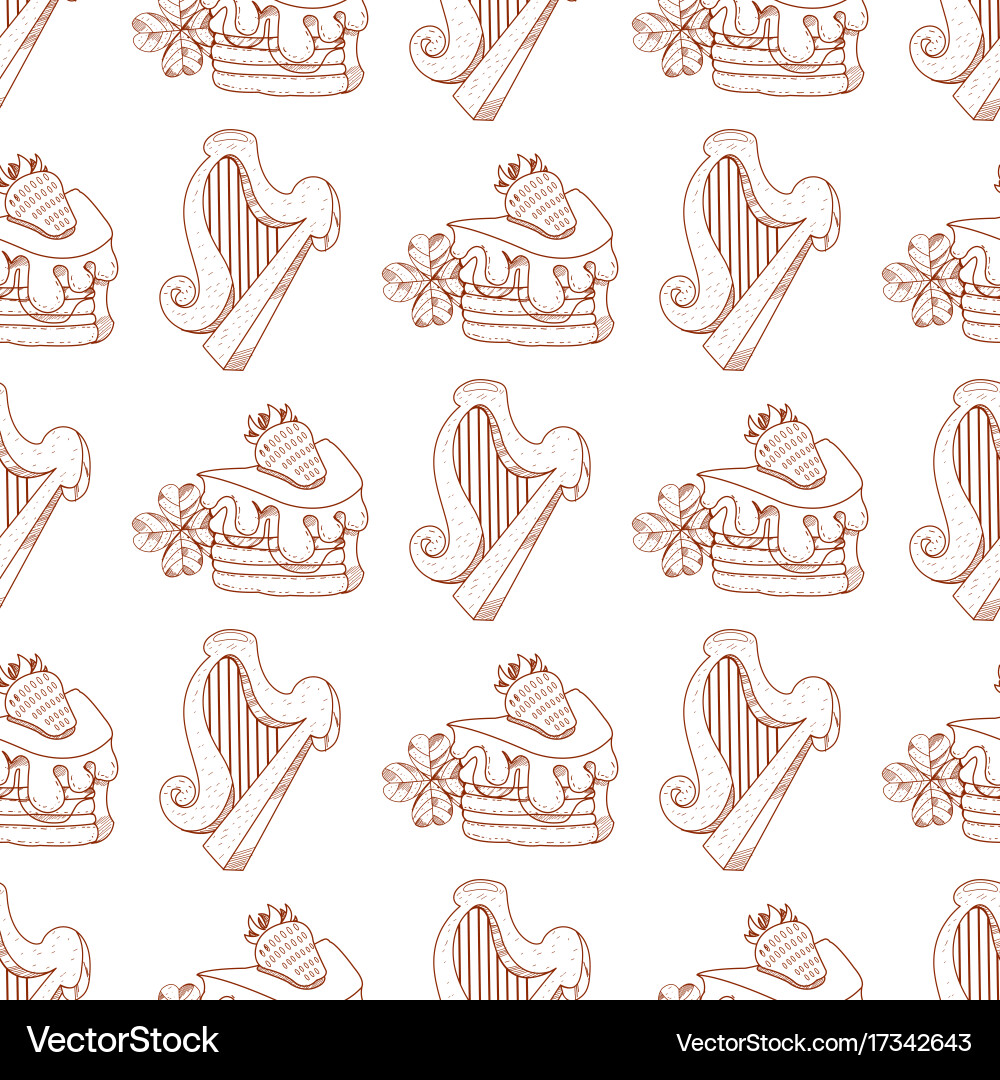 Seamless pattern with a harp and slice of cake vector image