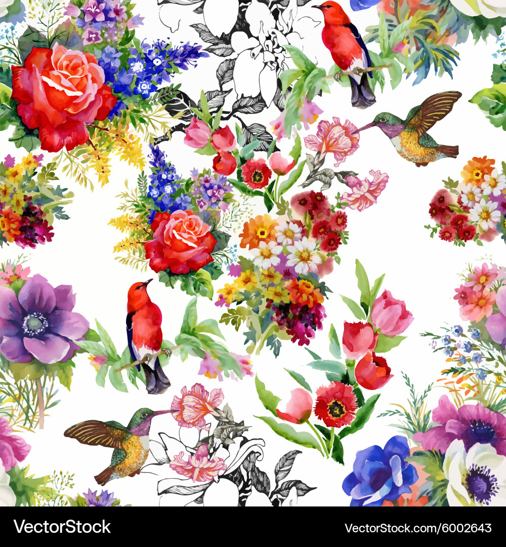 Watercolor Floral Birds Pattern Vector Image