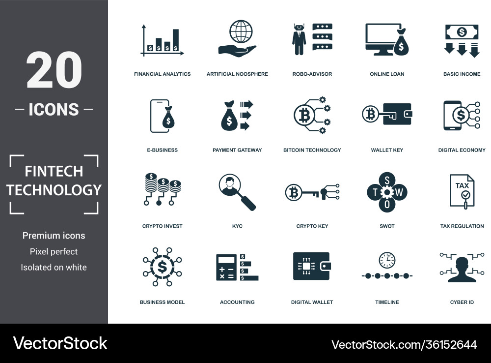 Fintech technology icon set contain filled flat Fintech technology icon set contain filled flat vector image