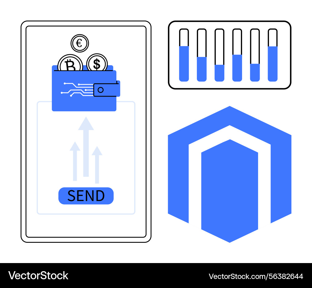 Mobile wallet sending cryptocurrency with progress Mobile wallet sending cryptocurrency with progress vector image